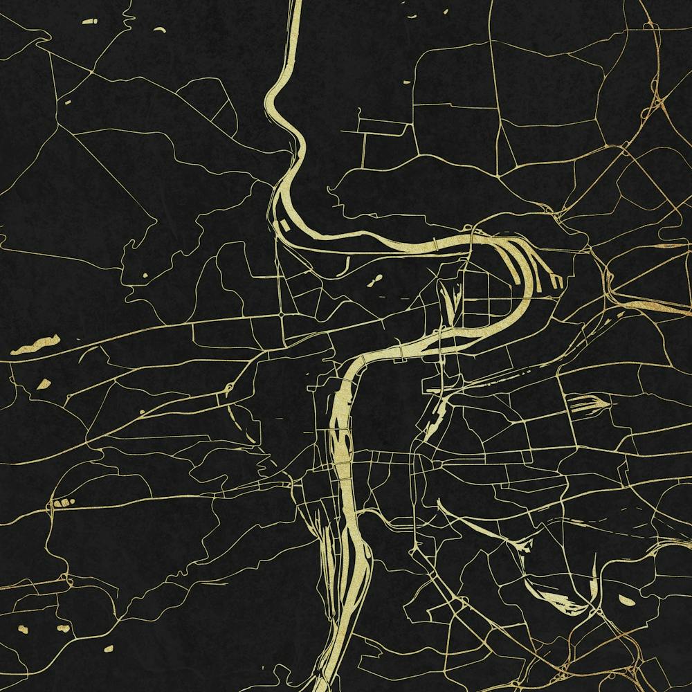 Prague, Carte Dorée sur Fond Noir