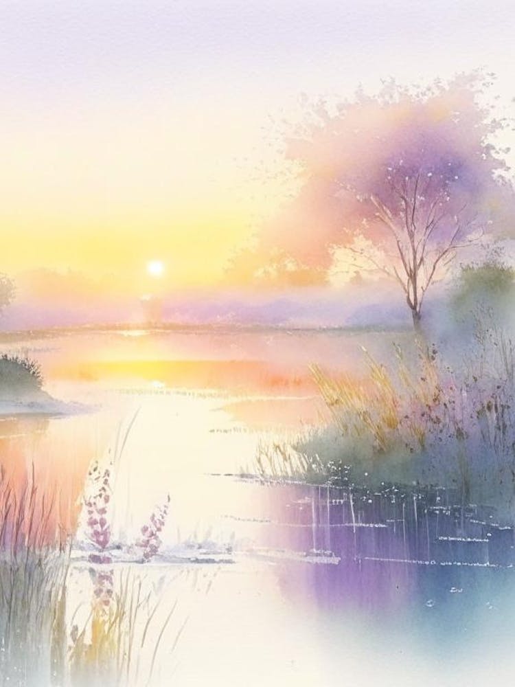 Sunrise Over Pond Waterscape Gouache 1