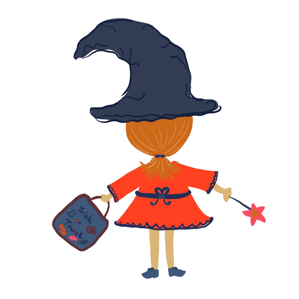 Little witch character with trick or treat bag, wizard hat and magic wand with straight brown hair