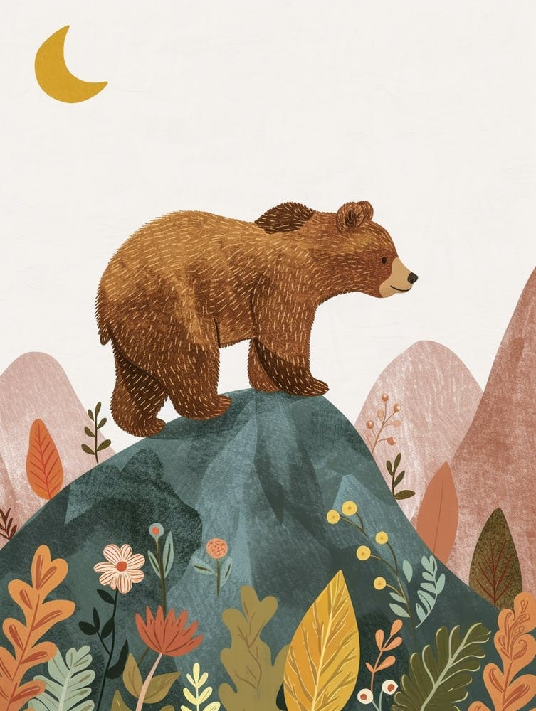 Brown Bear Walking On A Mountrain Storybook Illustration 3