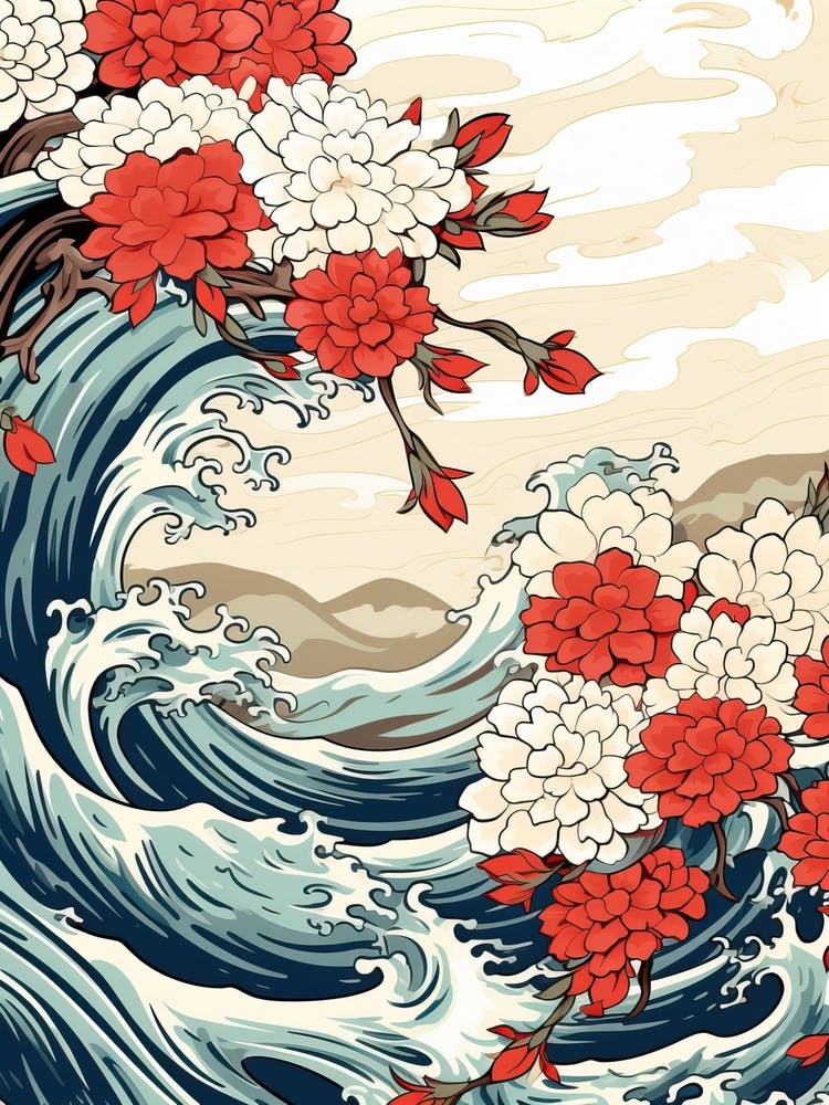 Great Wave mit Jasminblumenzeichnung im Ukiyo-E-Stil 3