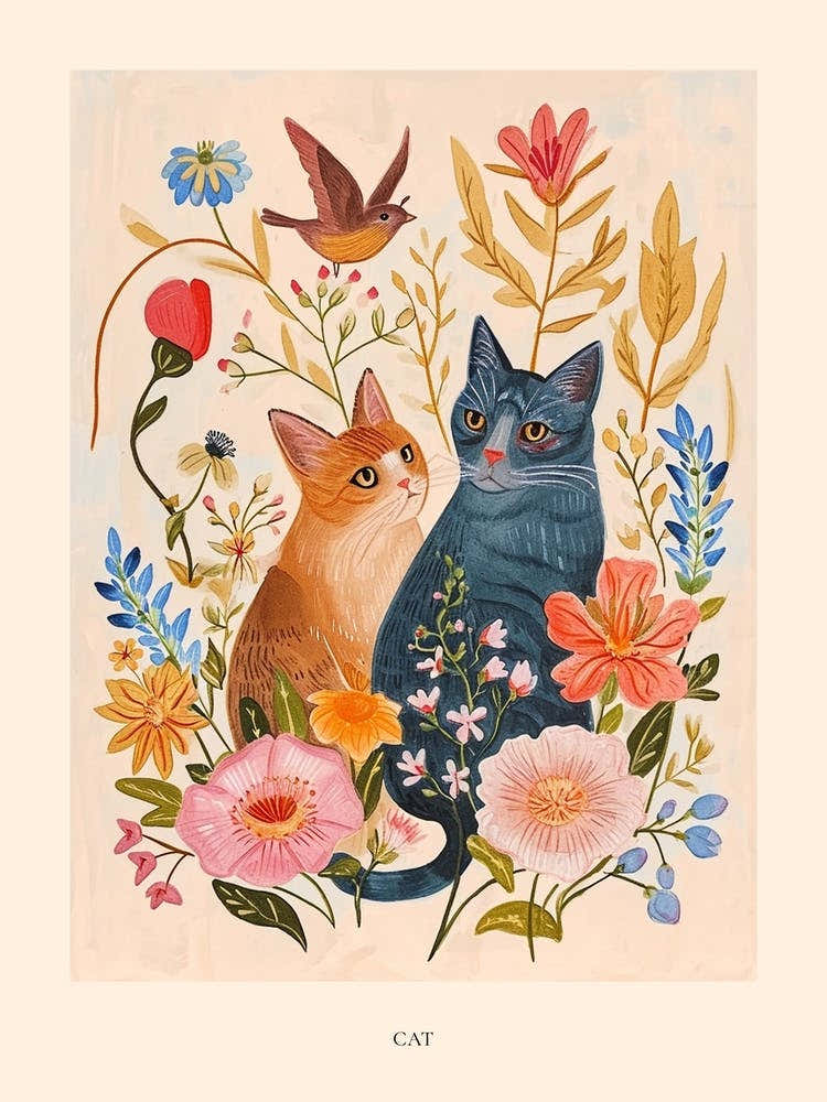 Folksy Floral Animal Drawing Cat Poster