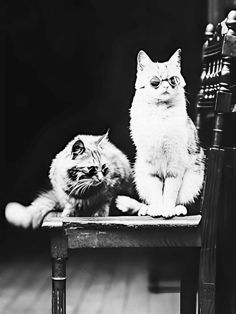 Two Cats Wearing Sunglasses On A Chair, Vintage Black and White Old Photo