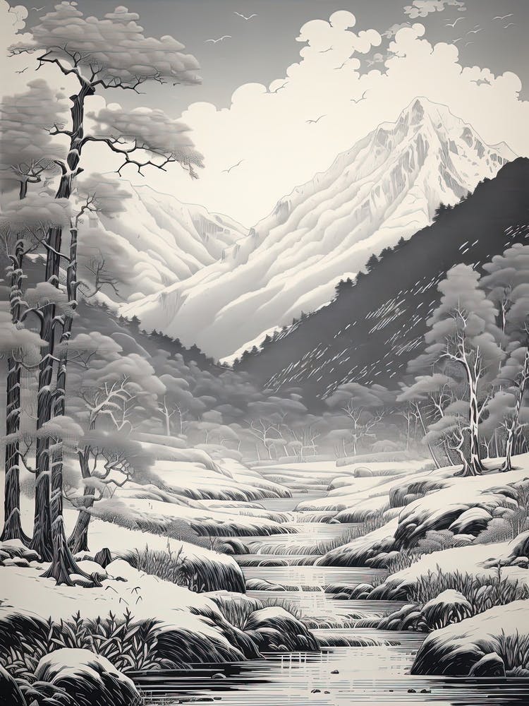 Kamikochi In Nagano In Nagano, Ukiyo E Black And White Line Art Drawing 3