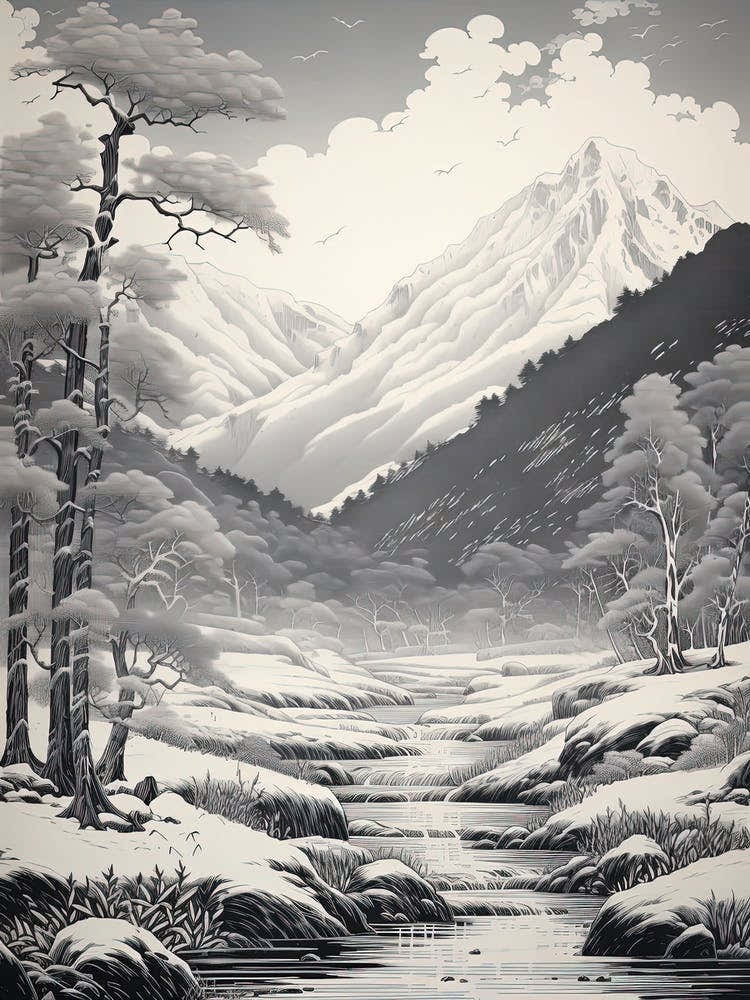 Kamikochi In Nagano In Nagano, Ukiyo E Black And White Line Art Drawing 3