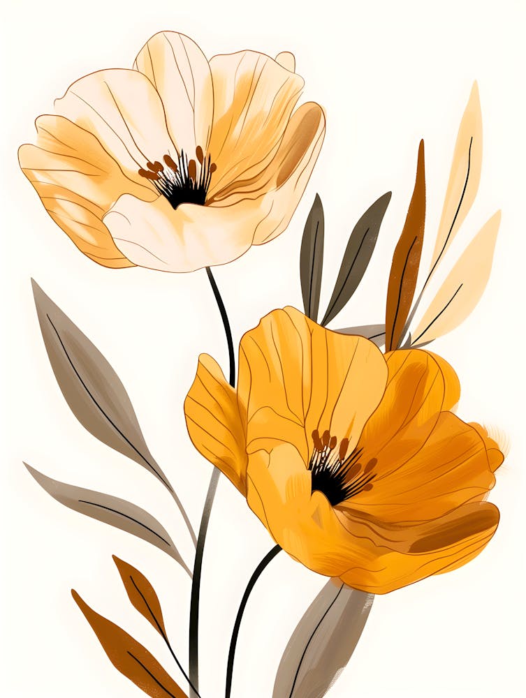 Golden Poppy Wall Art Modern Floral Print Minimalist Botanical Illustration Warm Nature Inspired Home Decor