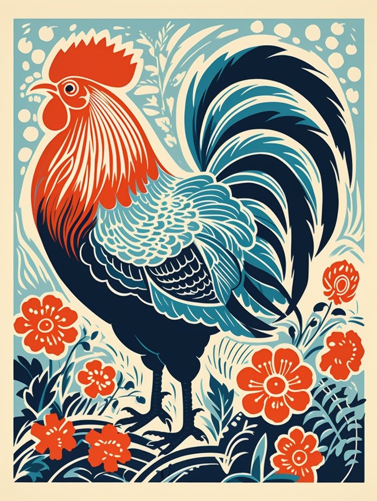 Vintage Bird Linocut Rooster 2