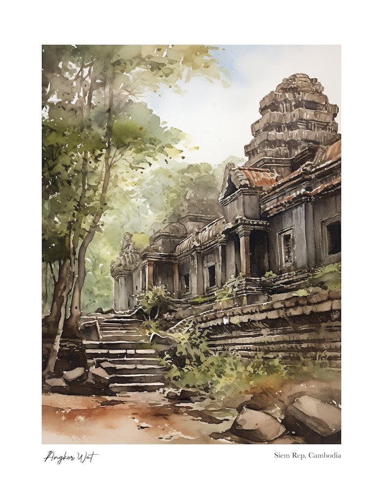 Angkor Wat Cambodia 3 Watercolour Travel Poster