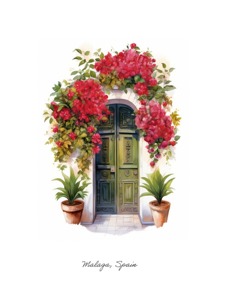 Malaga, Spain   Mediterranean Doors Watercolour Painting 1 Poster