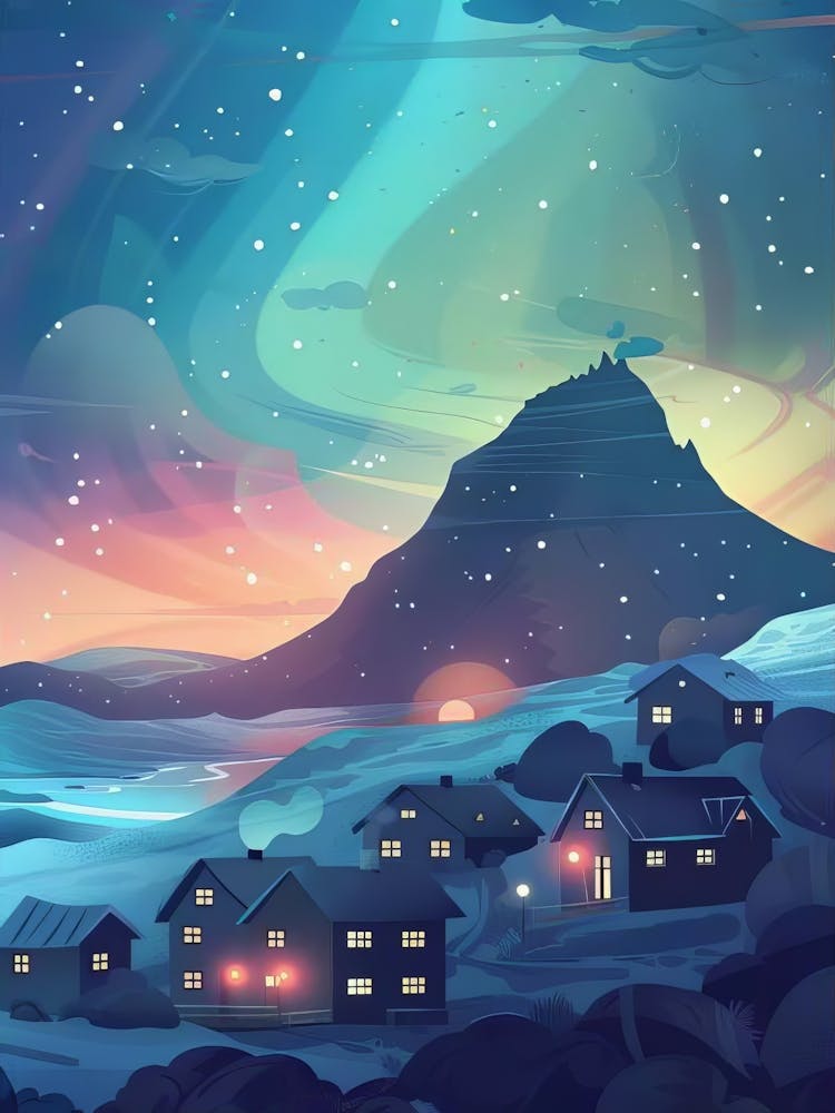 Iceland Print Iceland Illustration Iceland Travel Poster Iceland Painting Aurora Borealis Print Northern Lights Print Iceland Gift(1)