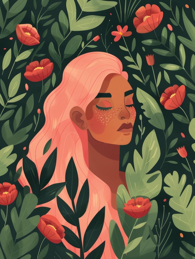 Girl With Pink Hair And Flowers