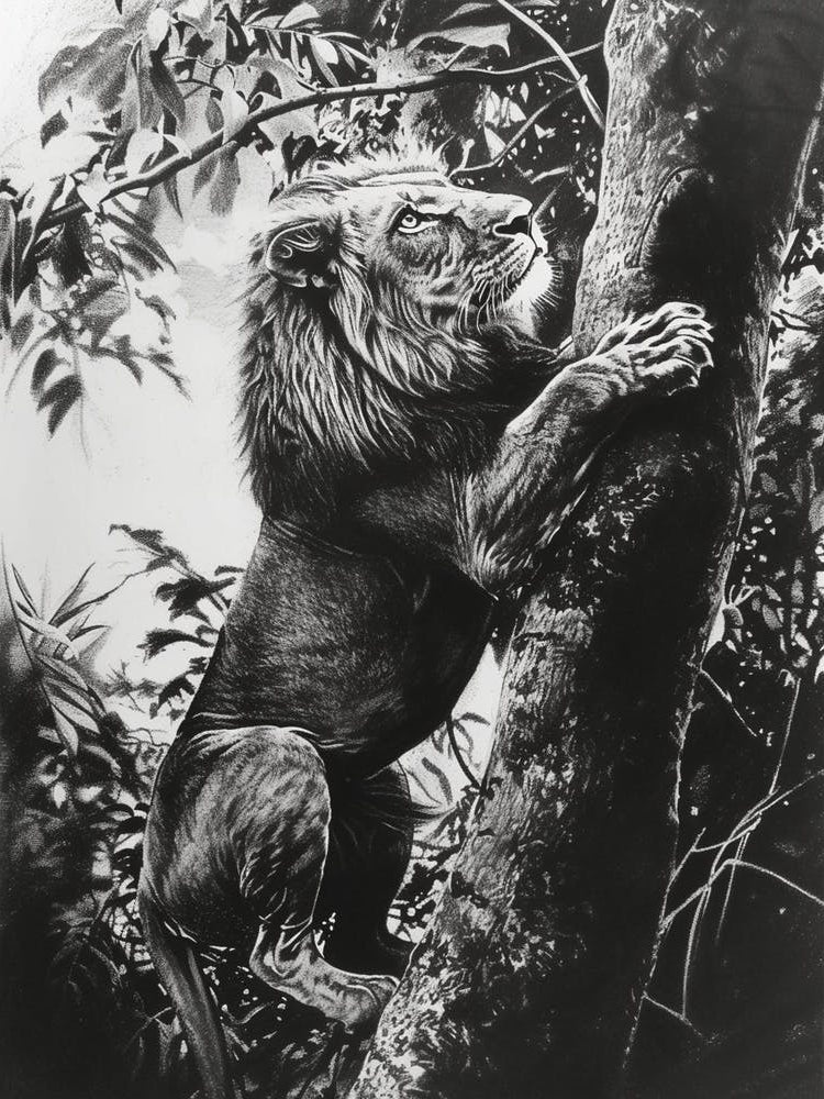 African Lion Charcoal Drawing Climbing A Tree 2