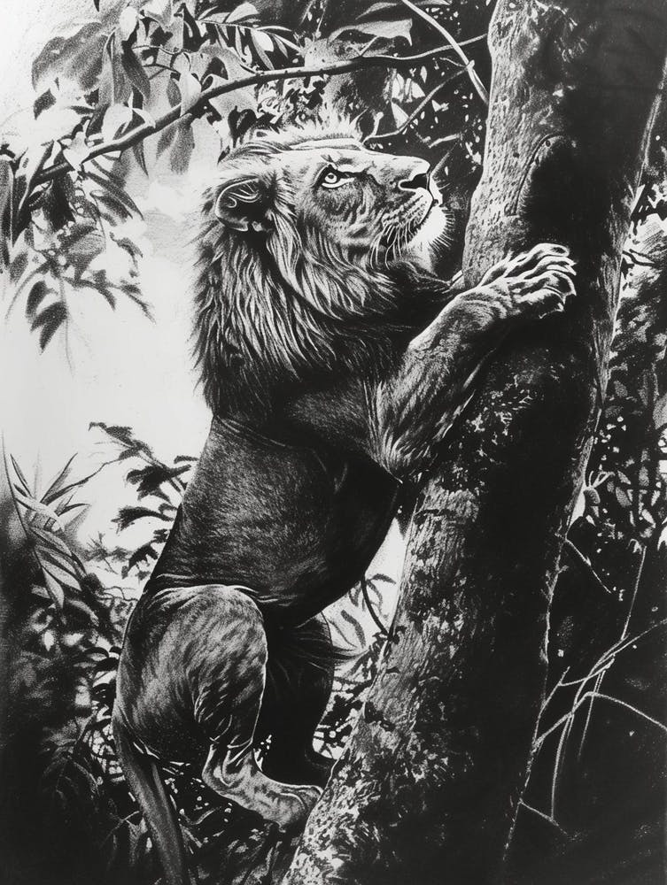 African Lion Charcoal Drawing Climbing A Tree 2