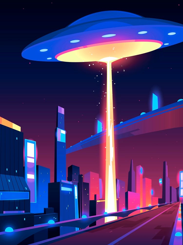 Alien Spaceship, UFO - synthwave neon poster