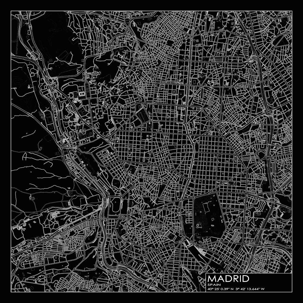 Madrid Spain city map white on black blueprint design