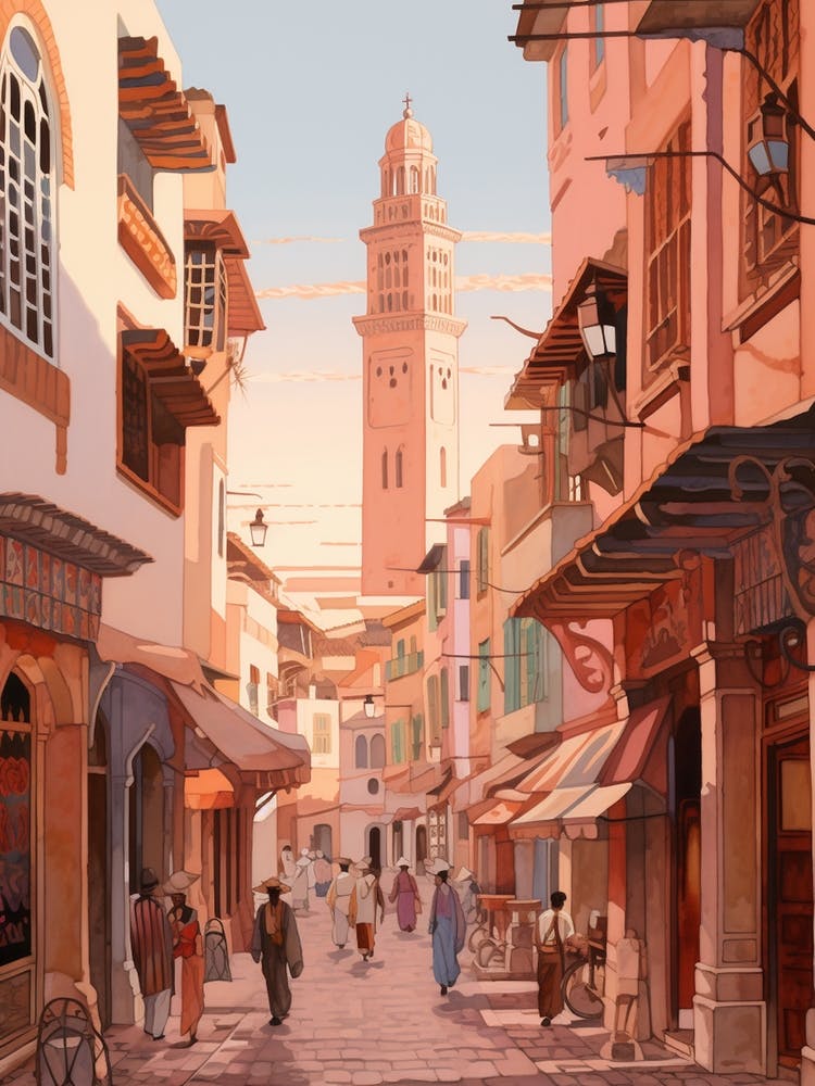 Casablanca Morocco 1 Vintage Pink Travel Illustration