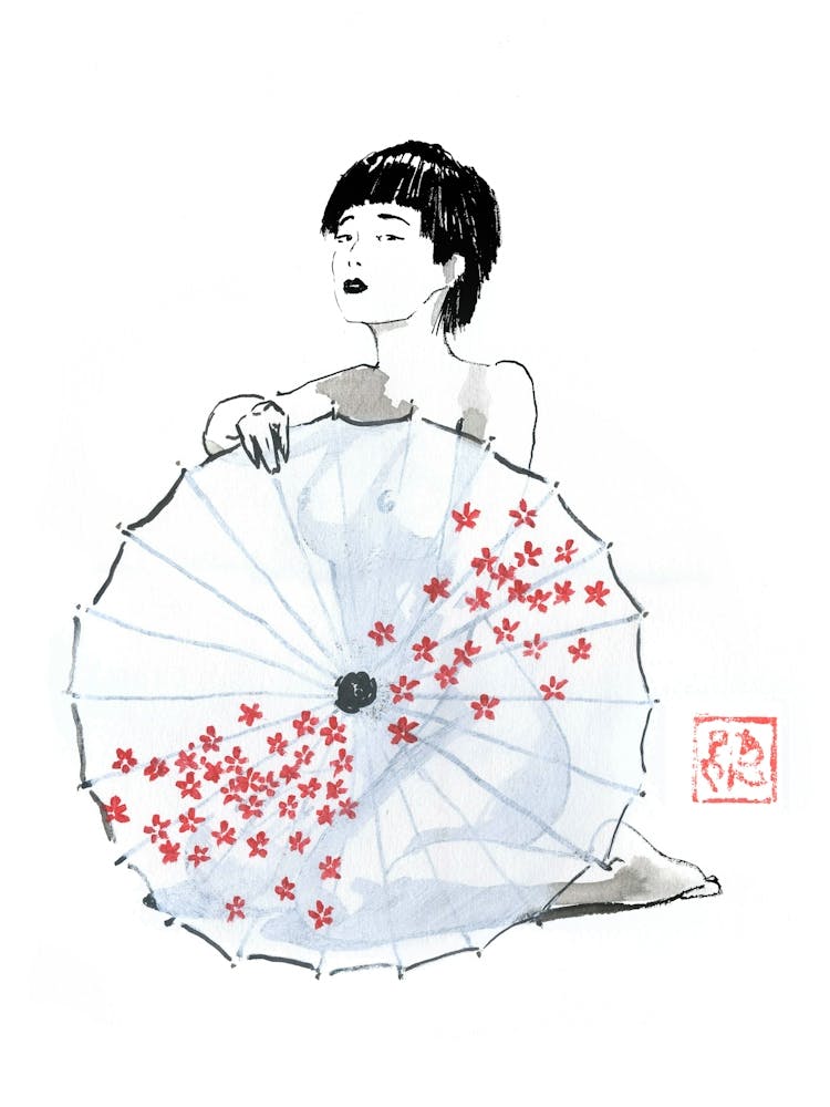 Geisha Nude Behind Umbrella 02
