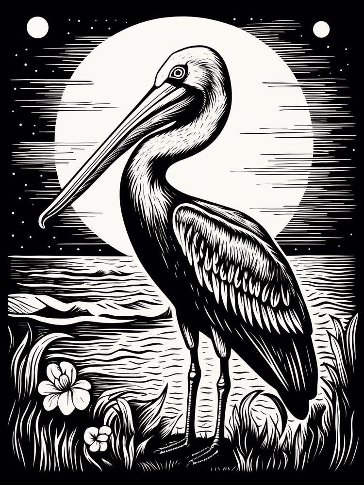 B&W Bird Linocut Pelican 4