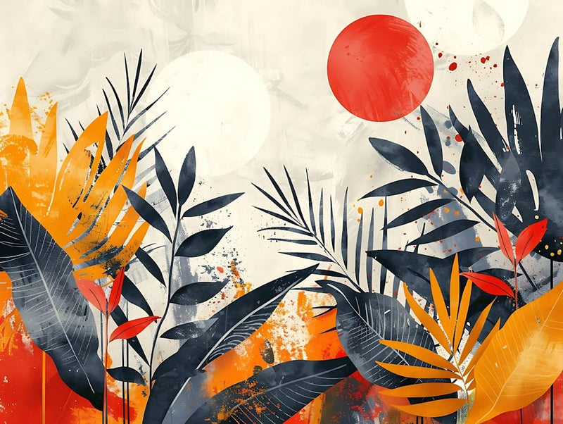 Abstract Tropical Foliage Illustration With Orange Red And Dark Blue Leaves Against A Textured Background Featuring La