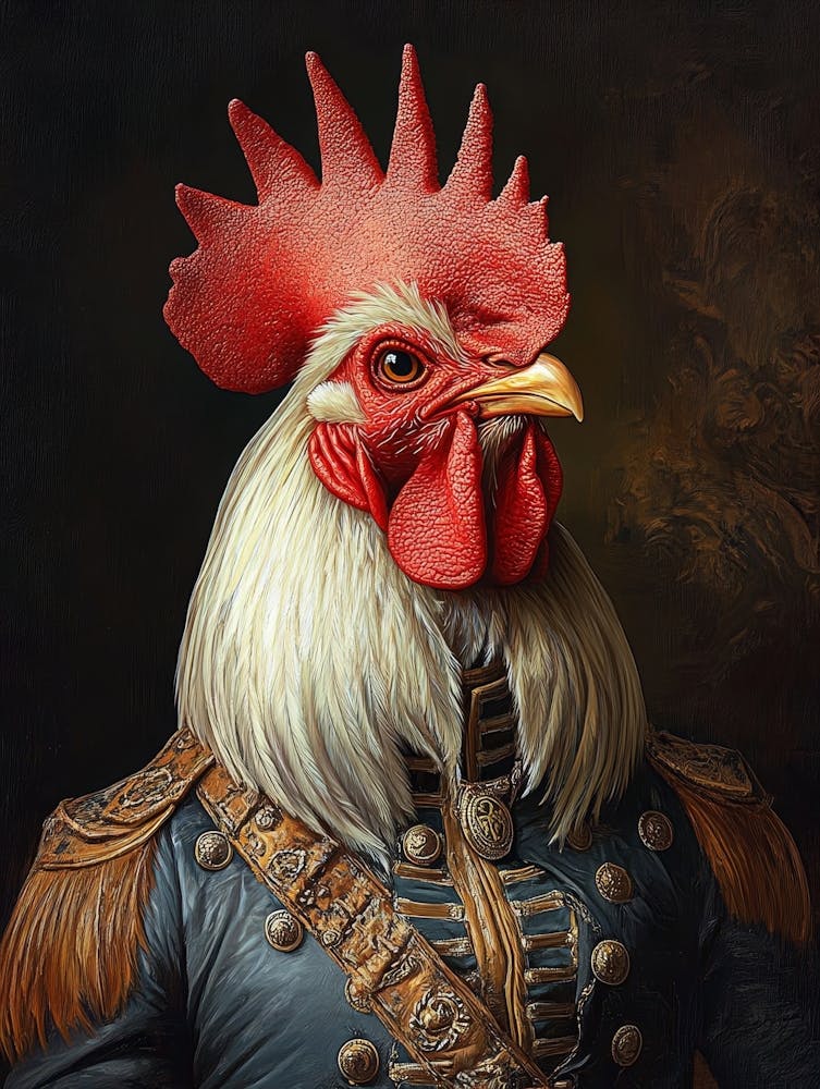 Simulation Of A Classic Oil Painting Of A Rooster Wearing Military Clothing In Renaissance Style 1