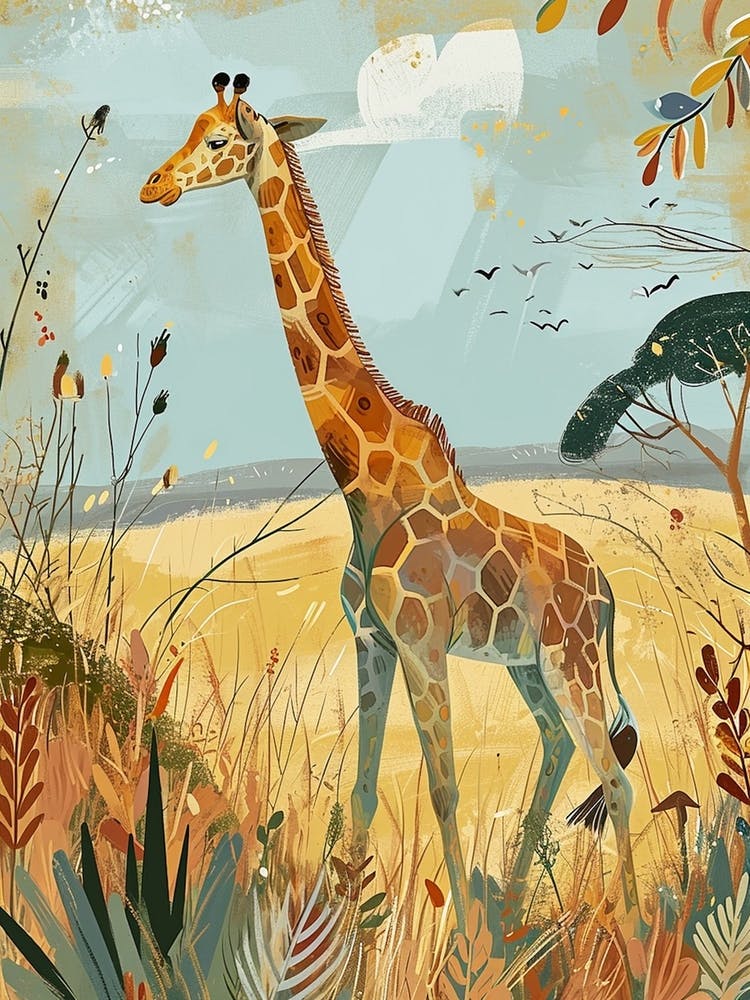 Modern Illustration Of A Giraffe In The Plants 1