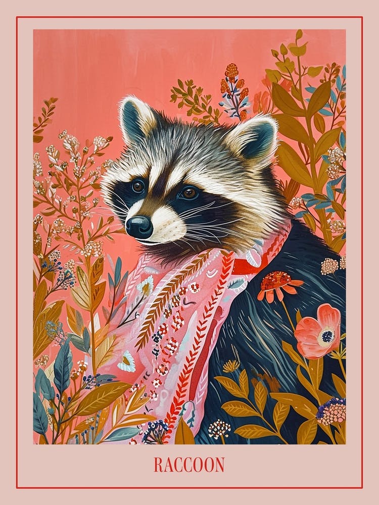 Floral Animal Painting Raccoon 1 Poster