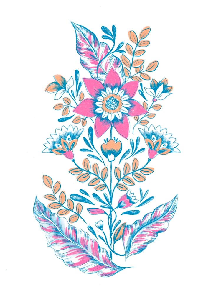 Folk Floral Silkscreen Cyan