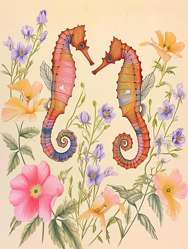 Folkloristische Blumen Tierzeichnung Seepferdchen 2