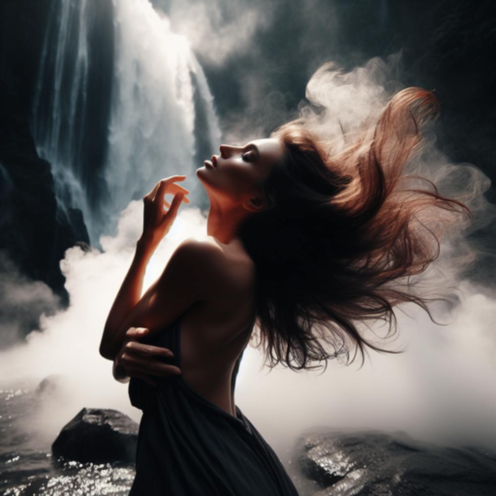 Beautiful Woman In Front Of Waterfall