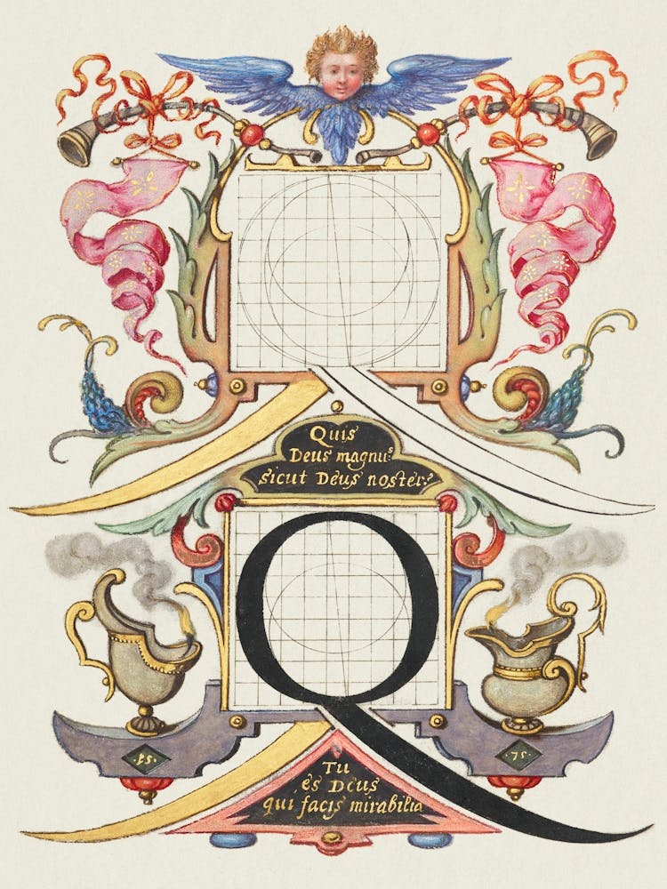 Guide pour la construction de la lettre Q d'après Mira Calligraphiae Monumenta, Joris Hoefnagel