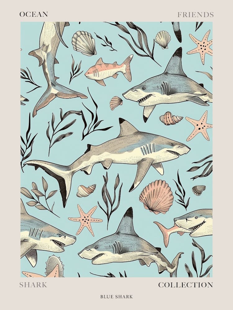 Pastel Blue Shark Watercolour Seascape Pattern 2 Poster