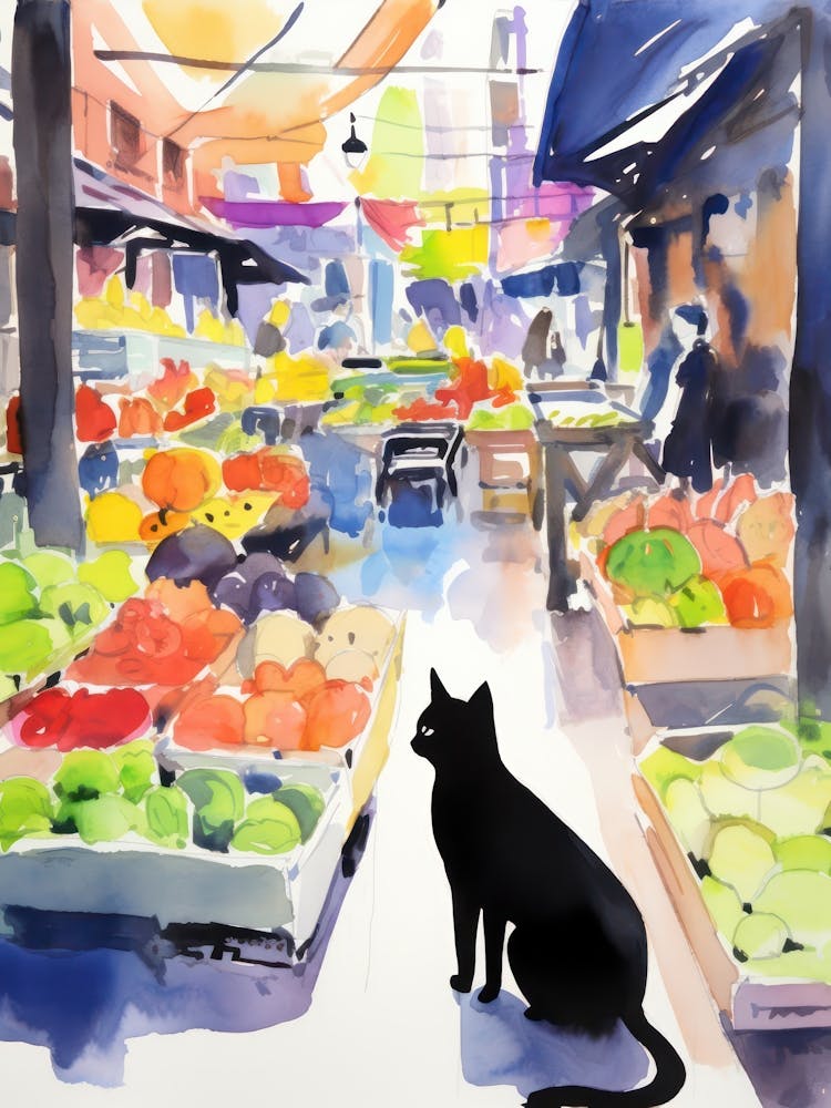 Food Market With Cats In Brooklyn 2 Watercolour