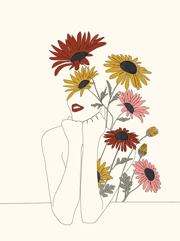 Colorful Thoughts Minimal Line Girl With Sunflowers