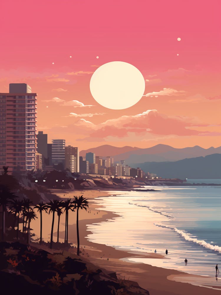 Illustration Of Haeundae Beach Busan South Korea In Pink Tones 2