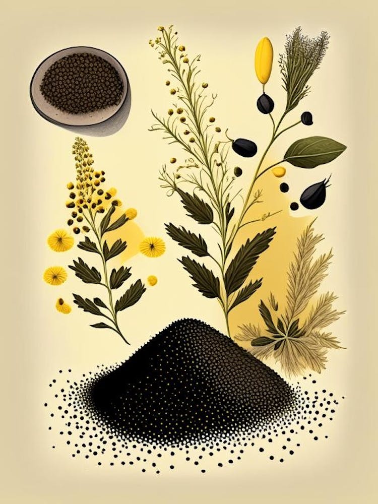 Black Mustard Seeds Spices And Herbs Retro Drawing 2