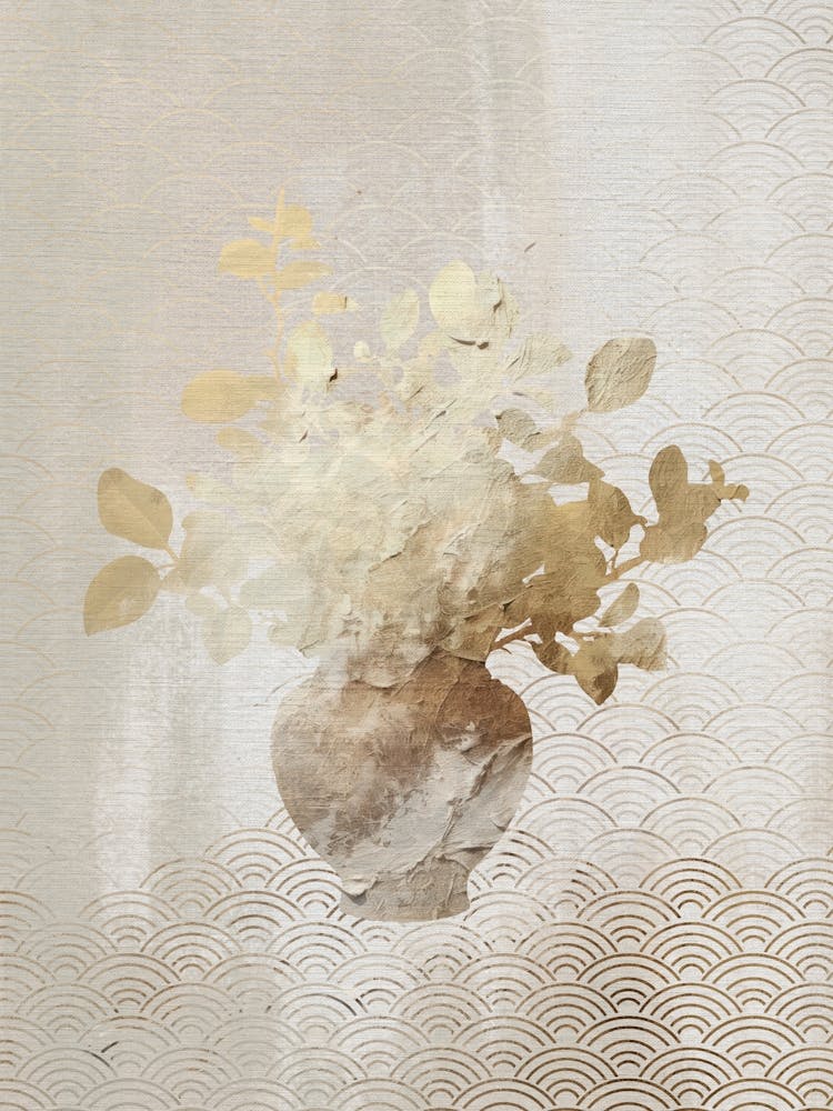Gold and Beige Flowers in Vase Abstract Artwork