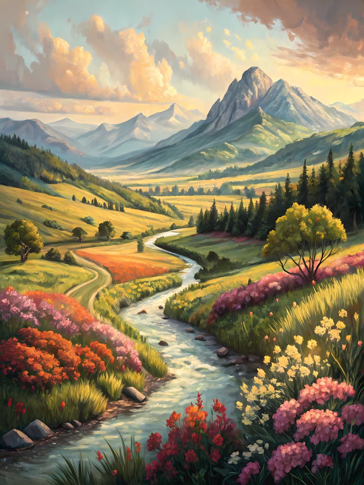 Oil Painting Style Riverside Mountain Valley Vibrant Floral Landscape