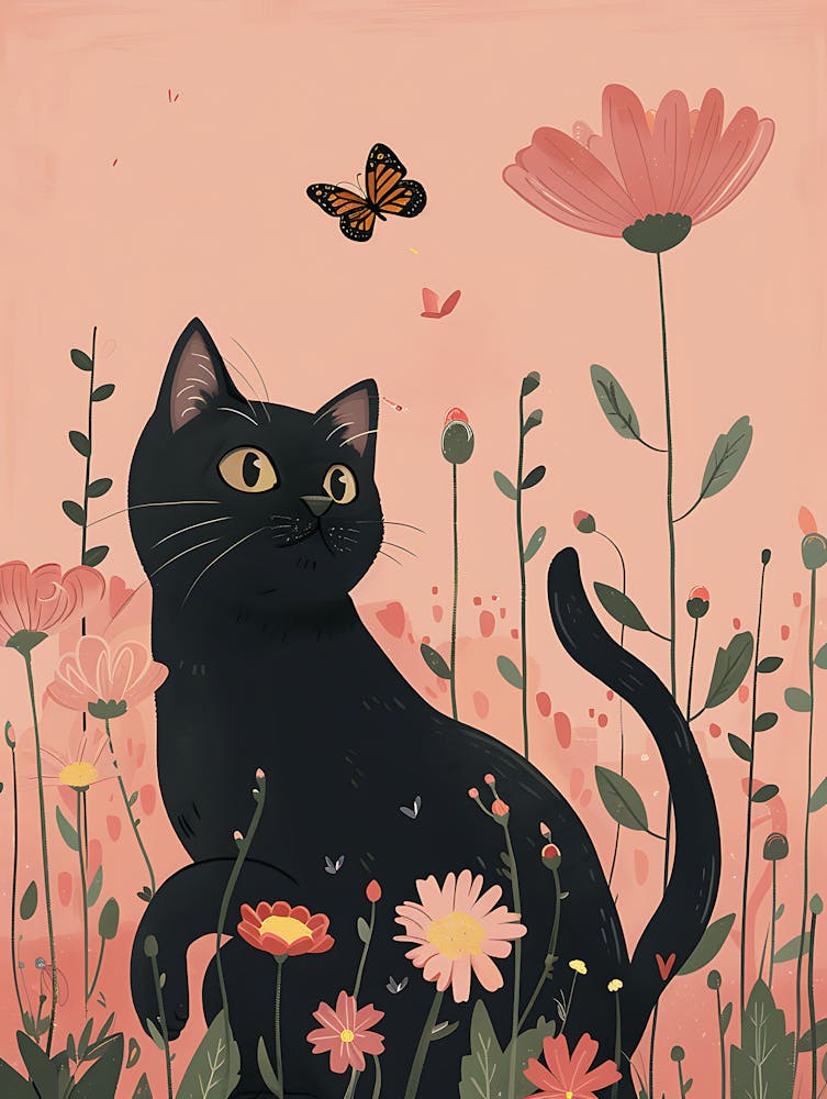 Schwarze Katze in Blumen 1