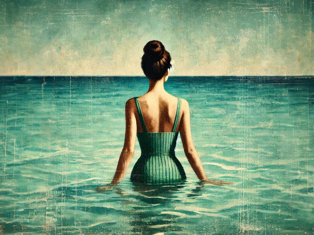 A Painting In A Vintage Oil Painting Style, Showing The Back Of A Woman With Dark Hair In A Bun