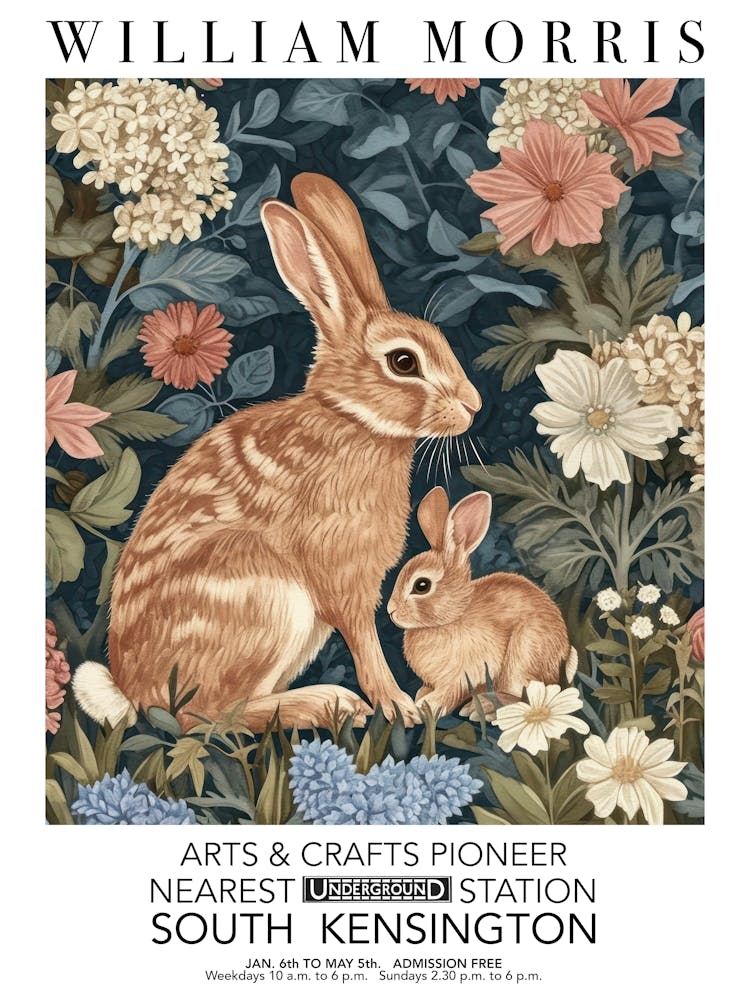 William Morris Print Rabbit Bunny Portrait Valentines Mothers Day Gift Spring