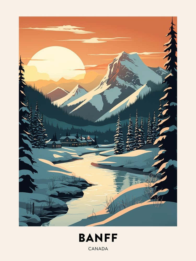 Winter Night Travel Poster Banff Canada 3