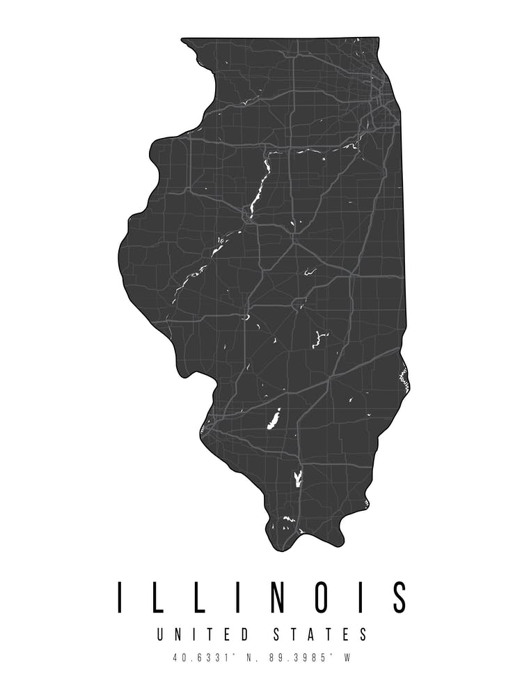 Illinois Mono Black And White Modern Minimal Street Map
