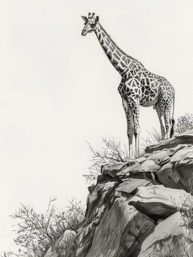 Giraffe On The Cliff Edge Pencil Drawing 3