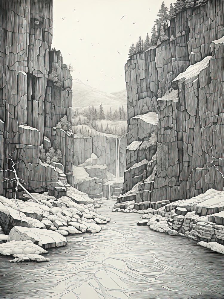 Sounkyo Gorge In Hokkaido, Ukiyo E Black And White Line Art Drawing 1