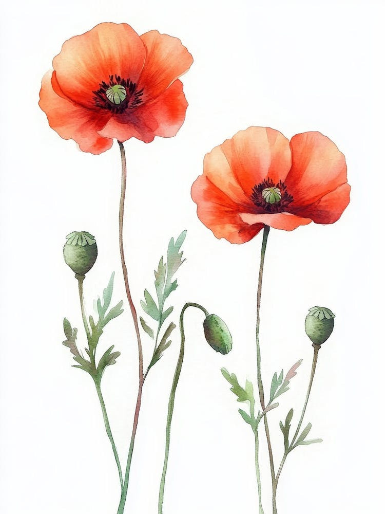 Red Poppy Watercolor Set White Background Hand