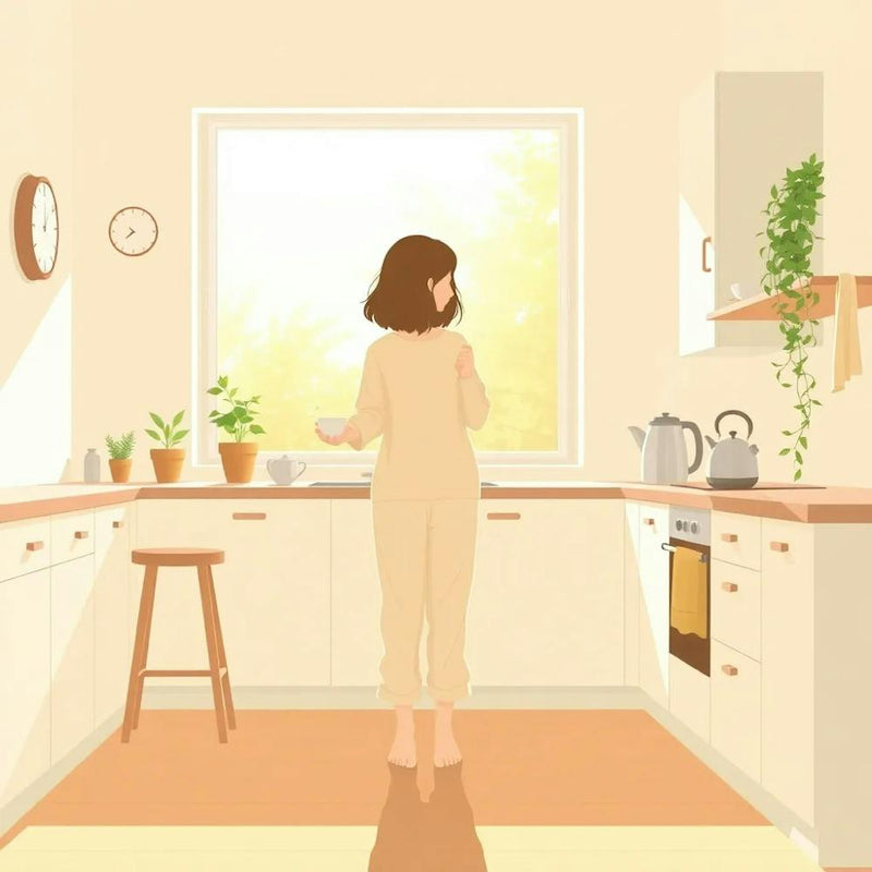 Woman Standing In The Kitchen-holding a warm coffee-gazing out a large window