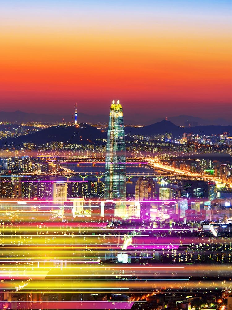 Neon city: South Korea, Seoul (synthwave/vaporwave/retrowave/cyberpunk) — aesthetic poster, neon poster