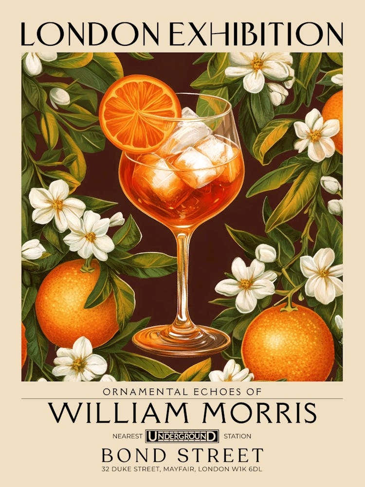 Aperol Spritz cocktail print William Morris style maximalist floral art, summer inspired drink wall art vintage botanical still life eclectic decor for bar cart, living room, kitchen, dining room 7