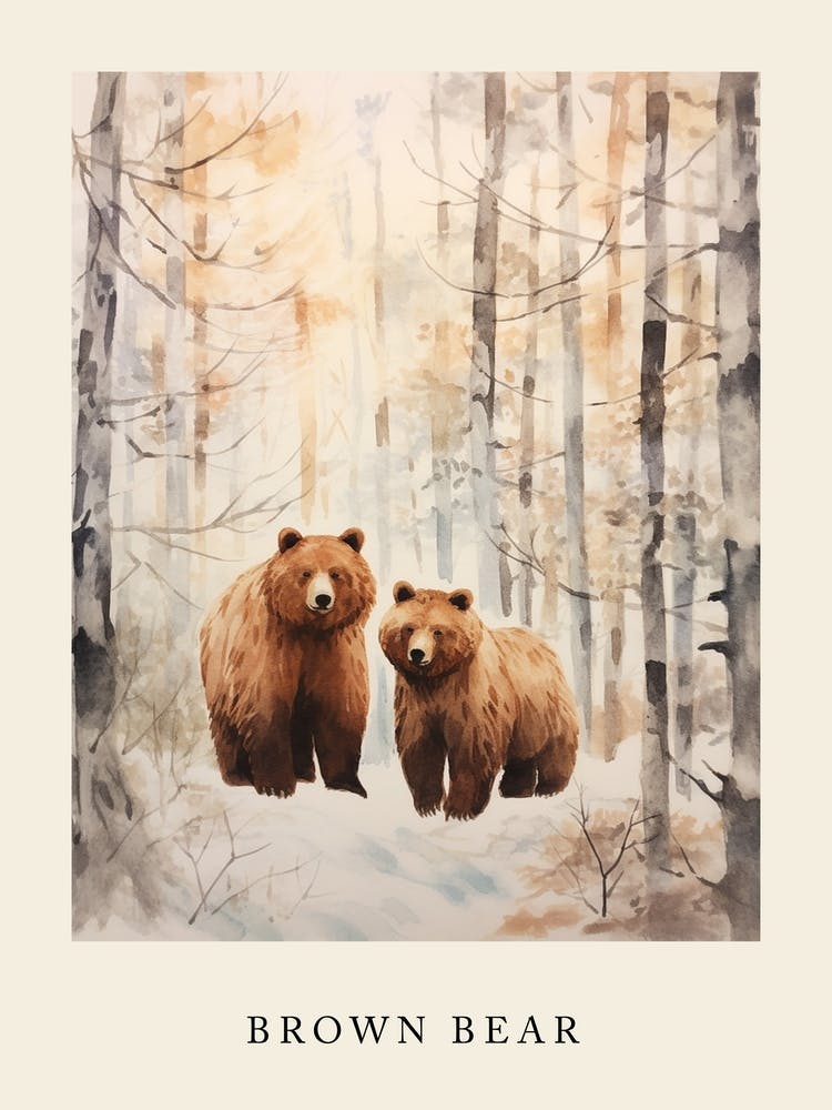 Winter Watercolour Brown Bear 6 Poster