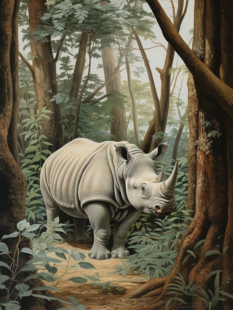 Rhino In The Shadows Of The Trees Realistic Illustration 2